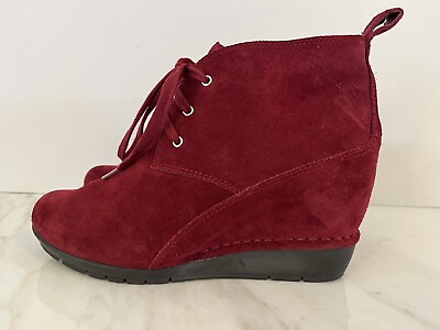 #ad Rockport Booties Boots 8 Red Maroon Suede Leather Wedge Sneakers $36.00