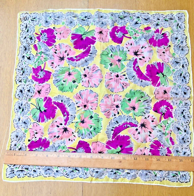 #ad Small Square Floral Silk Vintage Scarf 17quot; Yellow Pink Grey Cottage Chic $12.95