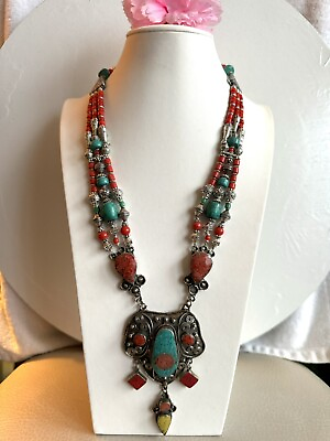 #ad Vintage boho style 3 strands tribal theme handmade Tibetan silver necklace 22” $79.99