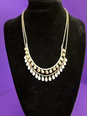 #ad Double Strand Gold Tone Necklace W White and Gold Metal dangles Beads SALE $15.00