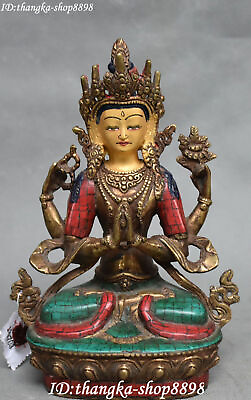 #ad Tibet Turquoise Coral Bronze Painting Seat Lotus 4 Arms Chenrezig Buddha Statue $459.00
