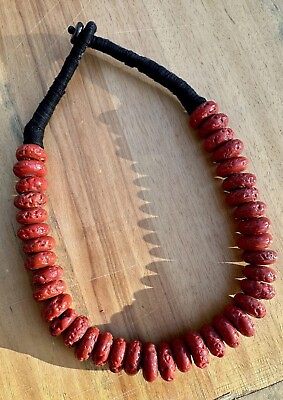 #ad Vintage Tibetan Faux Red Coral Glass Donut Disc Bead Necklace Handmade $50.00