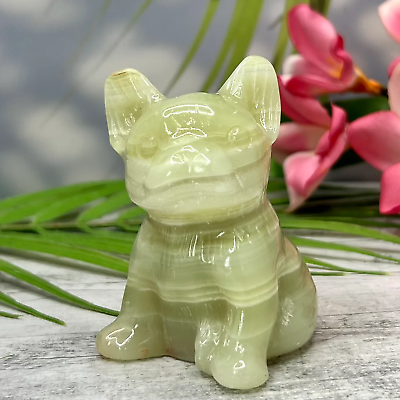 #ad Pistachio Onyx French Bull Dog Crystal Puppy Carving Australian Seller AU $105.00