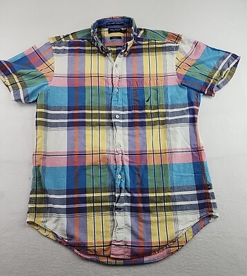 #ad Nautica Madras Plaid Mens Medium Short Sleeve Button Front Cotton Shirt $11.69