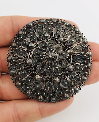 #ad Vtg Antique Nouveau Sterling Silver Etruscan Filigree Pin Brooch 2.25quot; 19.3g $109.48