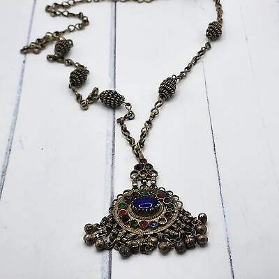 #ad Vintage Tibetan Necklace Pendant Silver Tone Dangle Blue $12.99