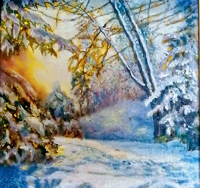 #ad “Winter” oil painting on canvas. hand painted. 12x12in framed 16x16in $185.00