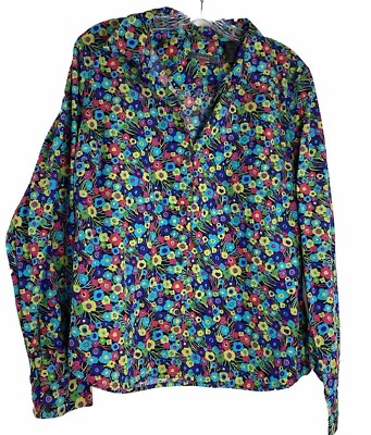 #ad Liz Claiborne Top Multicolor Abstract Floral Cotton Button Up Long Sleeve XL $16.99