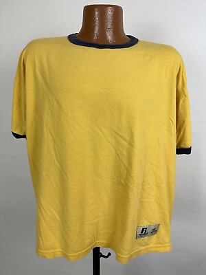 #ad Vintage 90s Russell Athletic Pro Cotton Ringer T Shirt L Yellow Minimal Grunge $16.14
