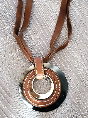 #ad CHICO#x27;S LARGE CIRCULAR GOLD TONE PENDANT ON LEATHER NECKLACE $14.99