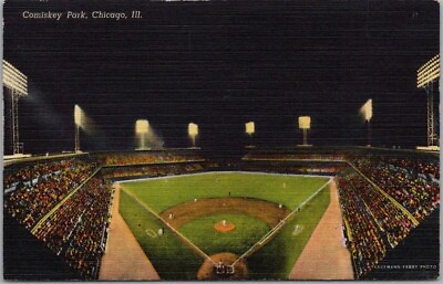 #ad c1940s CHICAGO WHITE SOX Baseball Postcard quot;COMISKEY PARKquot; Night View Linen $5.59