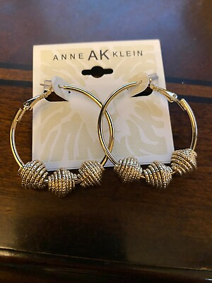#ad ANNE KLEIN Earrings Gold Tone Hoop 3 Beads 1.5quot; $7.99