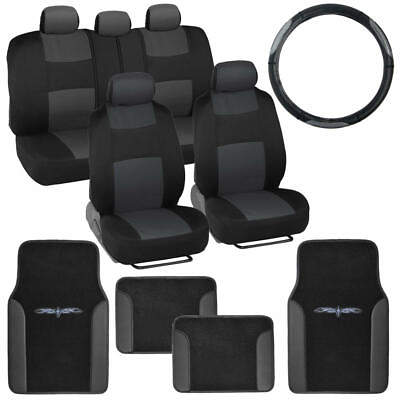 #ad 14PC Black amp; Charcoal Car Seat Covers SetPU Leather Trim Carpet Floor Mats⭐⭐⭐⭐⭐ $49.99