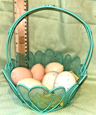 #ad Metal Basket w 6 Farm Eggs 7x7 Light Green Decorative Basket. For Easter? {N} $12.99