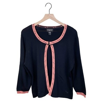 #ad Finity Black Coral Pink Trim Rayon Nylon Knit Cardigan Sweater Women#x27;s Size XL $25.00