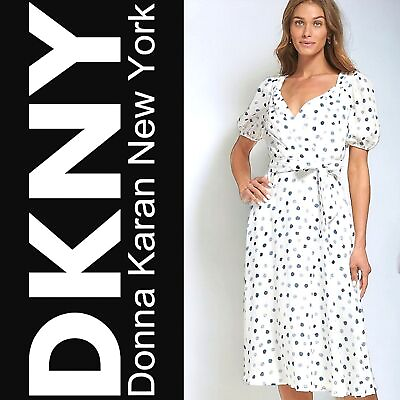 #ad NWT 🔖DKNY polka dot puff sleeve faux wrap midi dress $129 $55.00