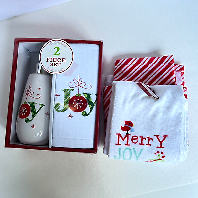 #ad Christmas Hand Towels Lotion Pump Holiday Set Cotton Merry Joy Bathroom DecorNEW $12.00