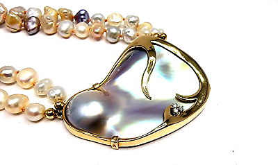 #ad VTG Antique Art Deco 14k Yellow Gold BI Mabe Blister Pearl Diamond Necklace NK23 $899.99