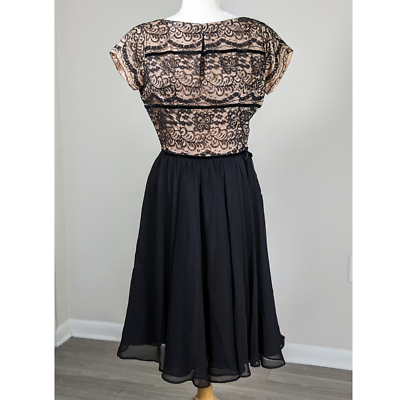 #ad Vintage 1950s Martha Manning Misses Black and Tan Lace Velvet Bow Party Dress $45.00