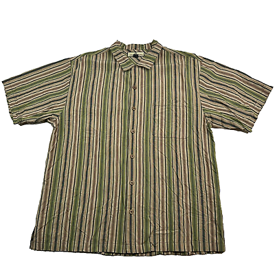 #ad Tommy Bahama Men’s Large Brown amp; Green Striped 100% Silk Hawaiian Shirt $17.85