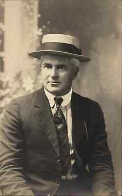 #ad Studio Portrait Man Wearing Straw Hat Vintage Fashion Real Photo c1910 Postcard $6.63