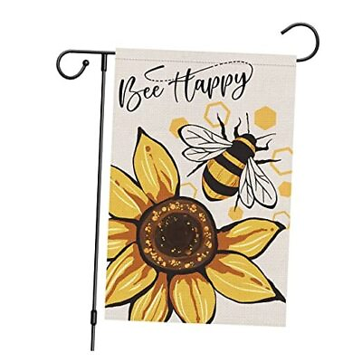 #ad Bee Happy Garden Flag 12x18 Double Sided Vertical Burlap Small Welcome Spring $18.68