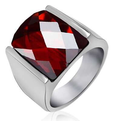 #ad Vintage Mens Ring Simulated Red Ruby 14K White Gold Plated Solid Sterling Silver $231.50