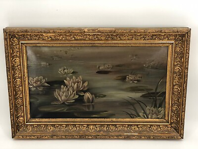 #ad Antique Art Nouveau Lilly Pad Pond Lake Oil on Canvass With Gesso Frame $495.00