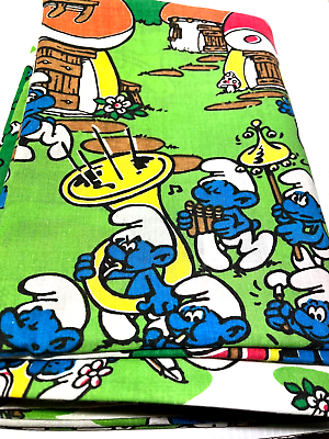 #ad Vintage 1980s Smurf#x27;s Twin Flat amp; Fitted Bed Sheet Set no Pillowcase in USA $24.49