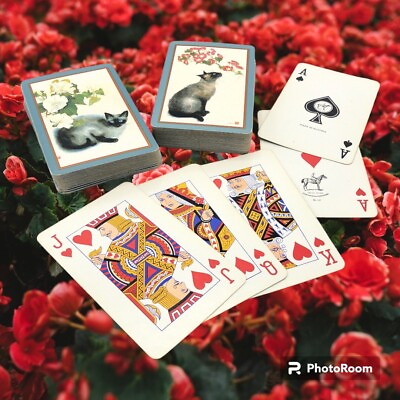 #ad Vtg Siamese Cat Playing Cards 2 Decks Kittens Floral Complete No Jokers Art Swap $11.99