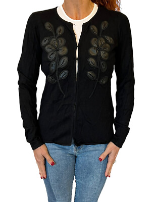 #ad WOMENS ANNE FONTAINE ROXANNE BLACK FLORAL EMBROIDERED CARDIGAN SWEATER 40 6 $49.99