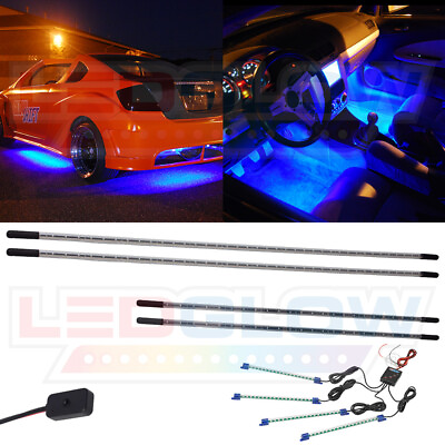 #ad LEDGlow 4pc Blue Underbody Underglow Car LED Neon Kit w 4pc LED Interior Lights $89.99
