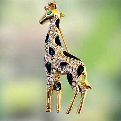 #ad Giraffe Brooch Pin Black Enamel Goldtone Rhinestones Green Eye $14.99