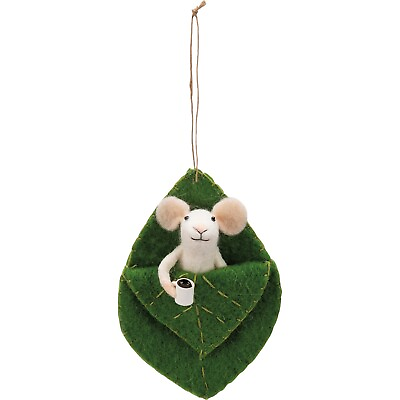 #ad Primitives By Kathy Felt Mouse in Leaf Bed With Coffee Cup Critter Ornament Gift $13.95