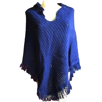 #ad Vintage 1970s Womens Sweater Shawl Blue Cape Small Acrylic Net Woven Hippy Mod $12.15