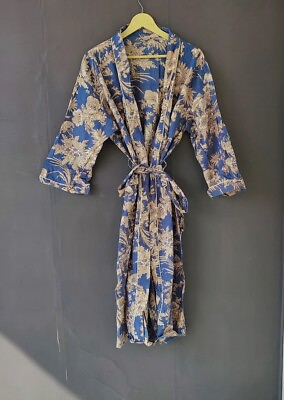 #ad Indian Cotton Robe Long Kimono Sleepwear Grey Floral Print Night Kimono Robes US $25.40