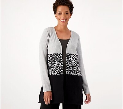#ad BELLE BY KIM GRAVEL NEW $61 Brushed Knit Duster Cardigan Grey Animal 1XP $16.49