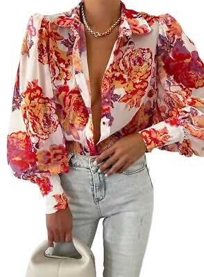 #ad Womens Tops Button Down Shirts Print Long Sleeve Blouses for Medium B Red $42.57