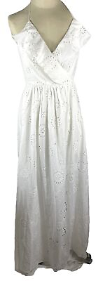 #ad Betsey Johnson White Eyelet Halter Maxi Dress Size 4 Cotton Sundress Ruffles $30.00