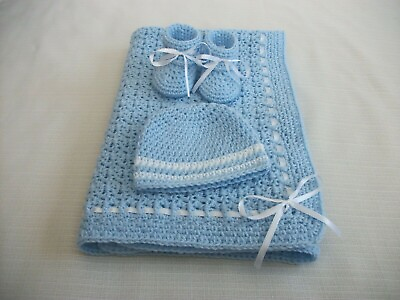 #ad Crochet Baby Set Blanket Hat Booties Infant 0 3m Handmade Shower Gift Baby Boy $65.00