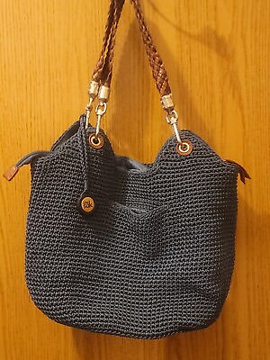 #ad The Sak Blue Indio Crochet Knit Shoulder Bag Hobo Purse Vegan Leather Handle $29.99