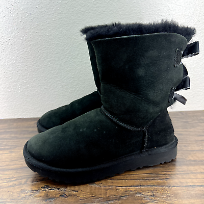 #ad UGG Womens Boots Size 7 Bailey Bow Short Shimmer Black Suede Fur Lined Cozy Boot $27.92