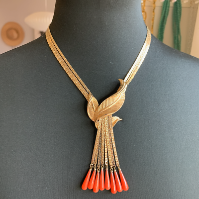 #ad Vintage Gold Tone Leaf Coral Glass Teardrop Tassel Necklace 17quot; $104.30
