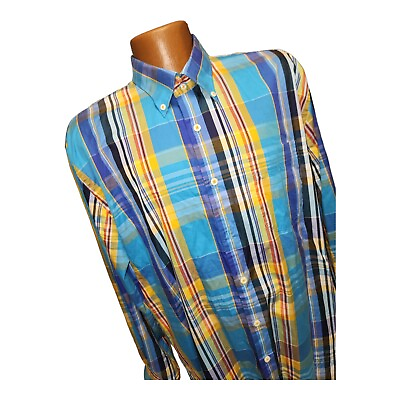 #ad Peter Millar Mens Large Long Sleeve 100% Cotton Shirt Weekender Finish Plaid $20.46