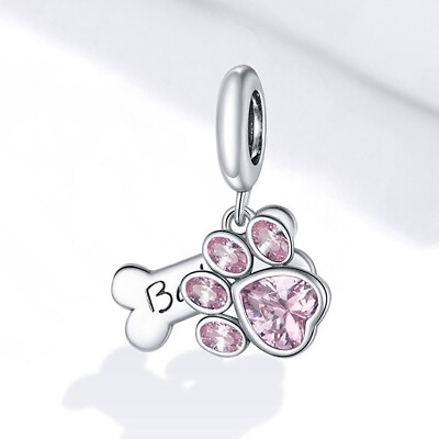 #ad 925 sterling silver pink dog paw and bone pendant charm for bracelet necklace $17.00