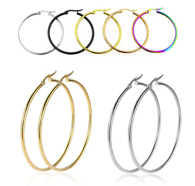 #ad Stainless Steel Gold Rose Gold Black Silver Simple Round Hoop Earrings 10 70mm $4.28
