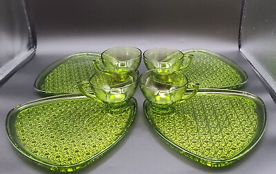 #ad Set of 4 Indiana Glass Avocado Green Daisy amp; Button Triangle Snack Plates amp; Cups $29.99