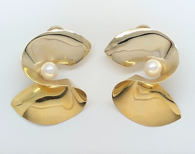 #ad 10K Solid Yellow Gold Large Wavy Pearl Omega Back Earrings Italy $495.00