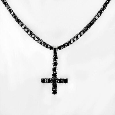 #ad Tennis Chain W. Upside Down Cross Solid Real 925 Silver 4mm Black CZ Hip Hop $211.57