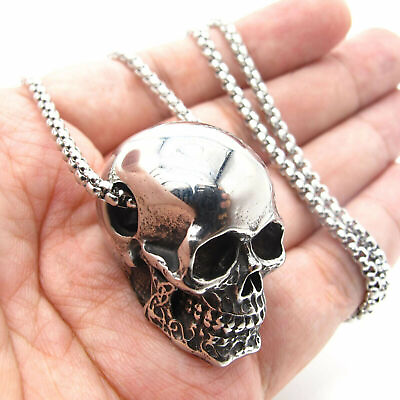 #ad Mens Gothic Biker Skull Pendant Necklace Men Stainless Steel Chain Silver $9.99